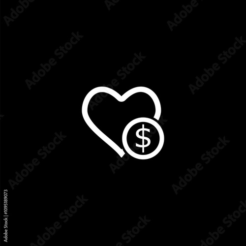 Dollar love hearts icon  isolated on black background.