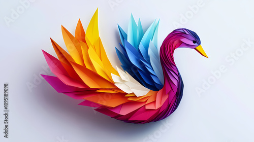 Fototapeta Naklejka Na Ścianę i Meble -  A colorful origami swan with vibrant paper feathers. Colorful Origami Swans. Illustration