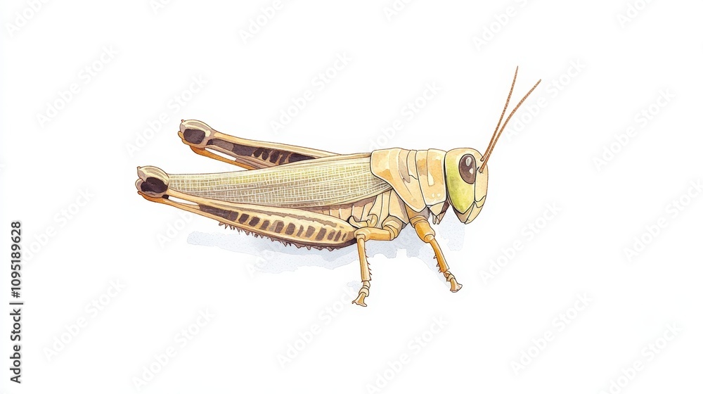 Detailed Illustration of a Grasshopper Sitting Alone on a Plain White Background, Showcasing Its Unique Features and Natural Colors for Educational and Artistic Use Detailed Illustration of a Grasshopper Sitting Alone on a Plain White Background, Showcasing Its Unique Features and Natural Colors for Educational and Artistic Use