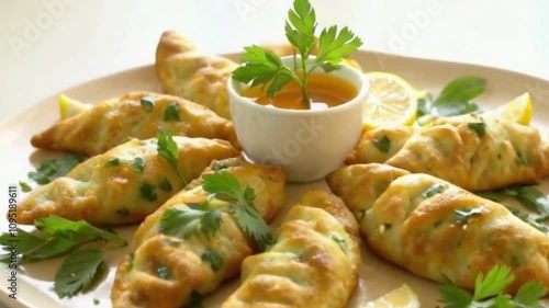 360-Degree Rotation of Crispy Samosas with Fresh Herbs, Lemon Wedges, and Dipping Sauces Under Subtle Lighting