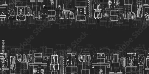 Mechanical engineering drawings on black background. Tap tools, borer. Technical Design. Cover. Blueprint. Seamless pattern. Vector illustration.