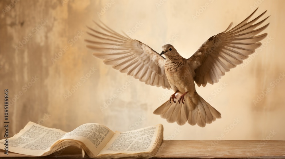 Obraz premium Winged dove symbolizing the holy spirit from the new testament with ample copy space