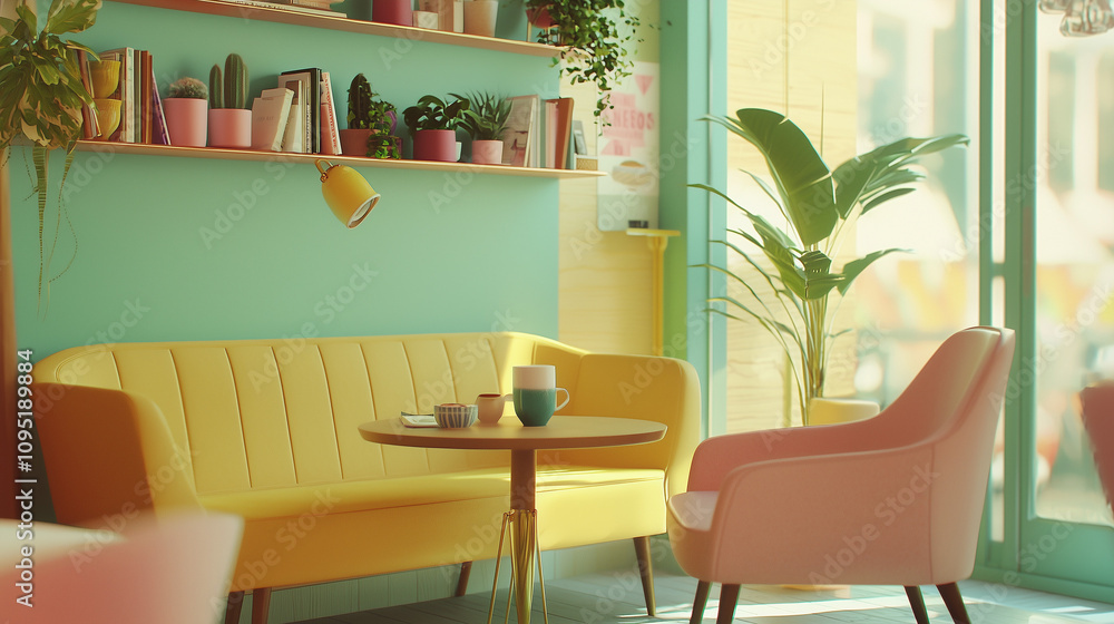 A vibrant pastel café with yellow, pink, and teal furniture, surrounded by plants, evoking retro modern charm with soft lighting and artistic decor. A vibrant pastel café with yellow, pink, and teal furniture, surrounded by plants, evoking retro modern charm with soft lighting and artistic decor.