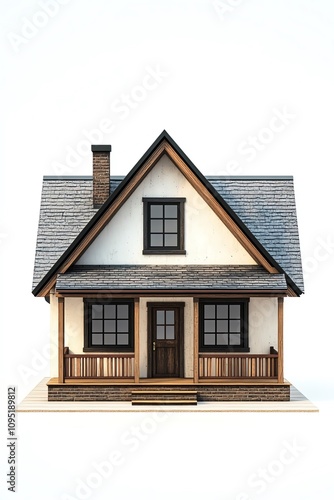 3D illustration of a cozy suburban house with a slanted roof and a small porch isolate white background