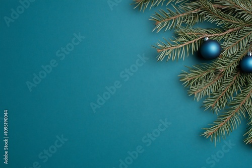 A festive arrangement of pine branches and blue ornaments.