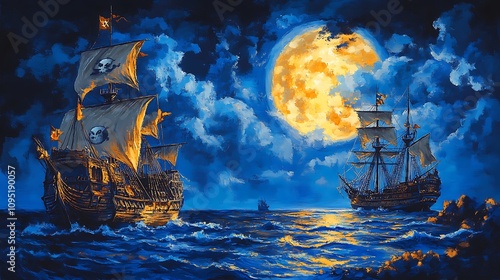 Two Pirate Ships Sailing Under a Full Moon