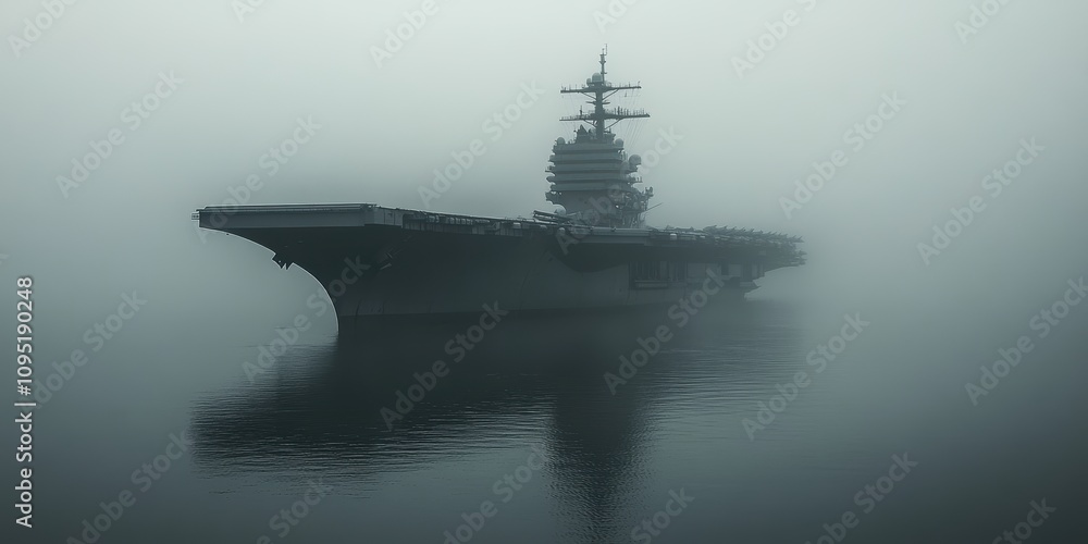In the quiet mist of the early morning, a massive aircraft carrier emerges from the fog, its imposing structure dominating the calm and eerie seascape In the quiet mist of the early morning, a massive aircraft carrier emerges from the fog, its imposing structure dominating the calm and eerie seascape