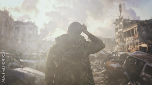 Wallpaper Mural Military Figure Surveys War Torn City Ruins Destruction Aftermath Warzone Torontodigital.ca