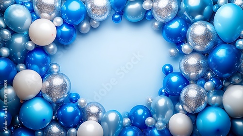 Blue and silver balloons create a circular frame on a light blue background, leaving a central empty space.