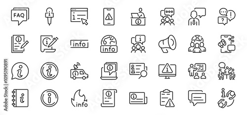 Information web line icons. Contains icons instructions, a privacy policy, an info center, manual, rule, guide, reference, help Editable stroke.