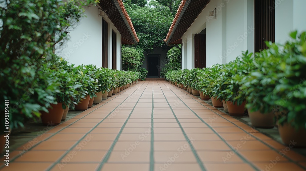 Serene Garden Path Tranquil Courtyard with Lush Greenery Terracotta Tiles and Potted Plants Serene Garden Path Tranquil Courtyard with Lush Greenery Terracotta Tiles and Potted Plants