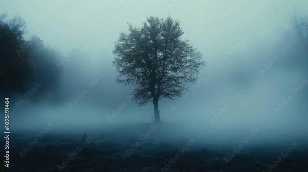 A solitary tree stands alone in a mysterious, fog-covered landscape, enhancing its serene yet enigmatic presence in the early morning mist A solitary tree stands alone in a mysterious, fog-covered landscape, enhancing its serene yet enigmatic presence in the early morning mist