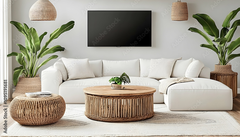 Relaxing bohemian living room interior with a white sectional sofa, woven coffee table, and tropical plants. Ideal for home decor, interior design, and lifestyle stock photos. Relaxing bohemian living room interior with a white sectional sofa, woven coffee table, and tropical plants. Ideal for home decor, interior design, and lifestyle stock photos.