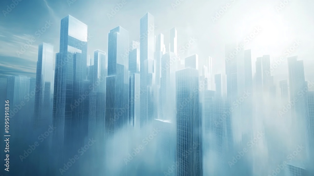 Futuristic city skyline shrouded in morning mist, aerial view. Futuristic city skyline shrouded in morning mist, aerial view.