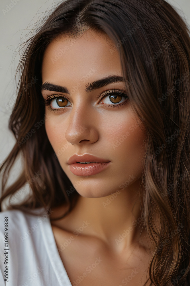 Obraz premium Close-up beauty portrait of young woman with perfect makeup and glowing skin. Professional fashion photography showcasing natural beauty and elegant styling.