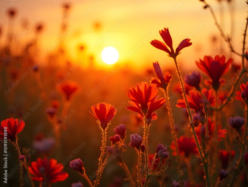 Vibrant Red Wildflowers Against a Golden Sunrise for Nature Art and Design Vibrant Red Wildflowers Against a Golden Sunrise for Nature Art and Design