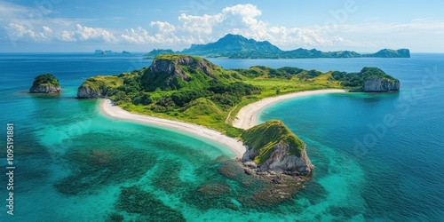 Spectacular aerial view of a lush, green tropical island surrounded by turquoise waters, highlighting the vibrant natural beauty and serene atmosphere of this remote paradise
