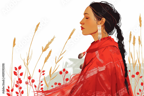 Illustration of an Indigenous woman dressed in a striking red dress. Red dress day concept