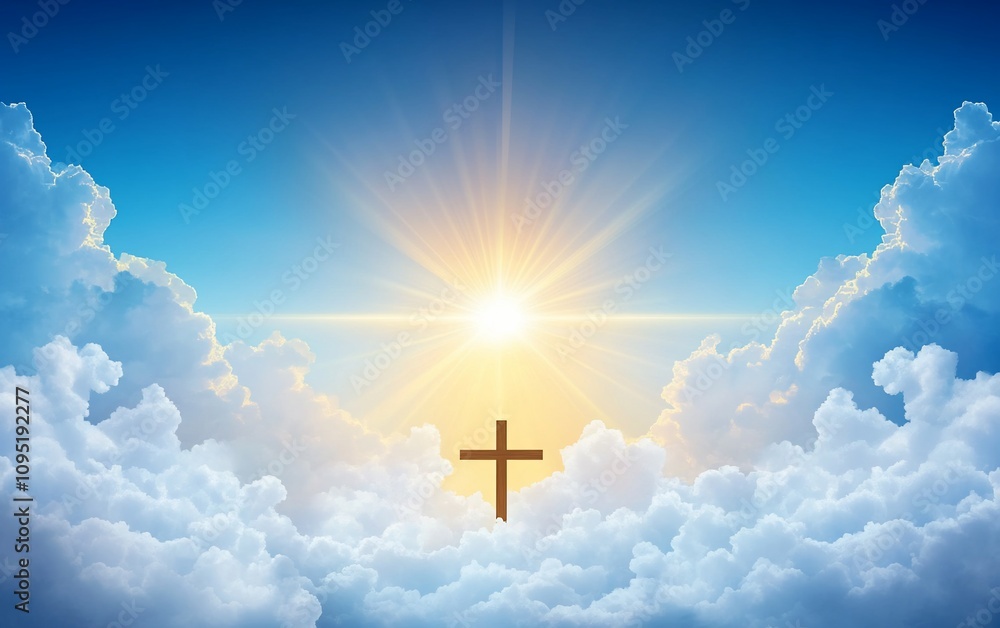 A radiant sky with clouds and a cross symbolizing hope and faith. A radiant sky with clouds and a cross symbolizing hope and faith.