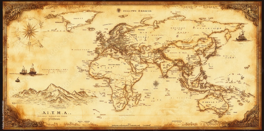 Obraz premium Ancient World Map Detailed Vintage Style Illustration