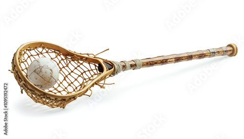 A lacrosse stick with a ball trapped in its net, midair isolate white background