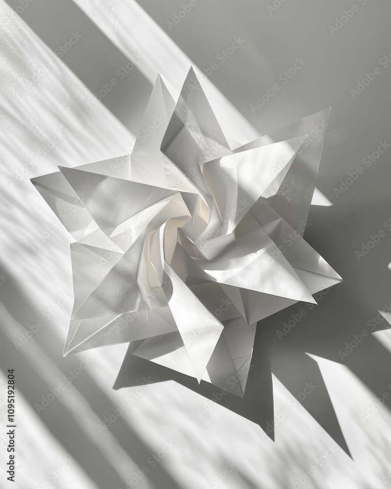 Folding paper art creates geometric shadows on pure white surface for artistic exploration Folding paper art creates geometric shadows on pure white surface for artistic exploration