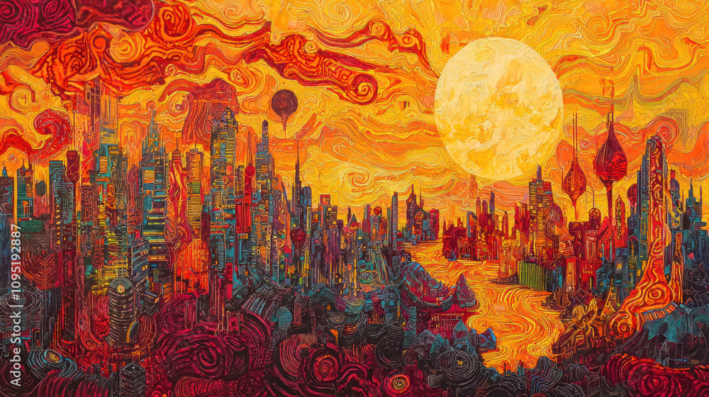 Obraz premium Vibrant Abstract Cityscape in Fiery Hues of Red, Orange, and Yellow with Intricate Details and a Stunning 16k Landscape Resolution