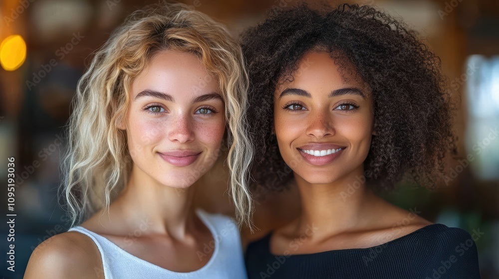An engaging and vibrant image depicting two young women smiling warmly together, showcasing the diversity and beauty of human connection and friendship An engaging and vibrant image depicting two young women smiling warmly together, showcasing the diversity and beauty of human connection and friendship