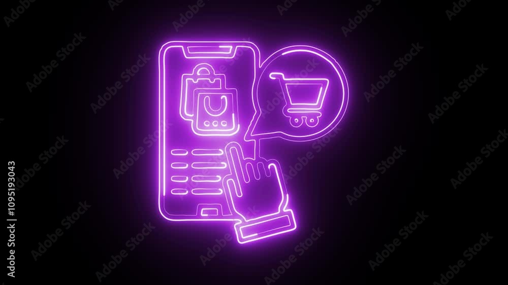 glowing neon mobile shopping icon isolated on black background glowing neon mobile shopping icon isolated on black background