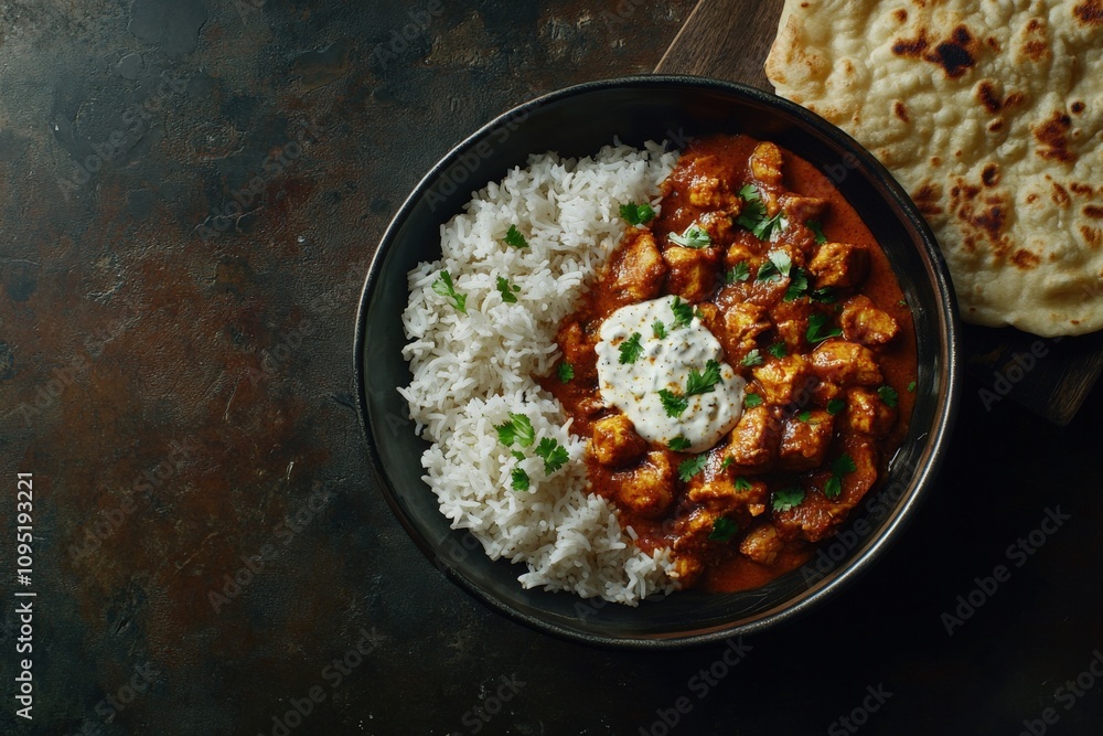 Tikka Masala. Traditional Indian Chicken Curry on Rustic Dark Background with Naan and Basmati Rice, Top View Tikka Masala. Traditional Indian Chicken Curry on Rustic Dark Background with Naan and Basmati Rice, Top View