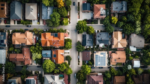 American Suburb Aerial View: Summertime Neighborhood with Real Estate Architecture