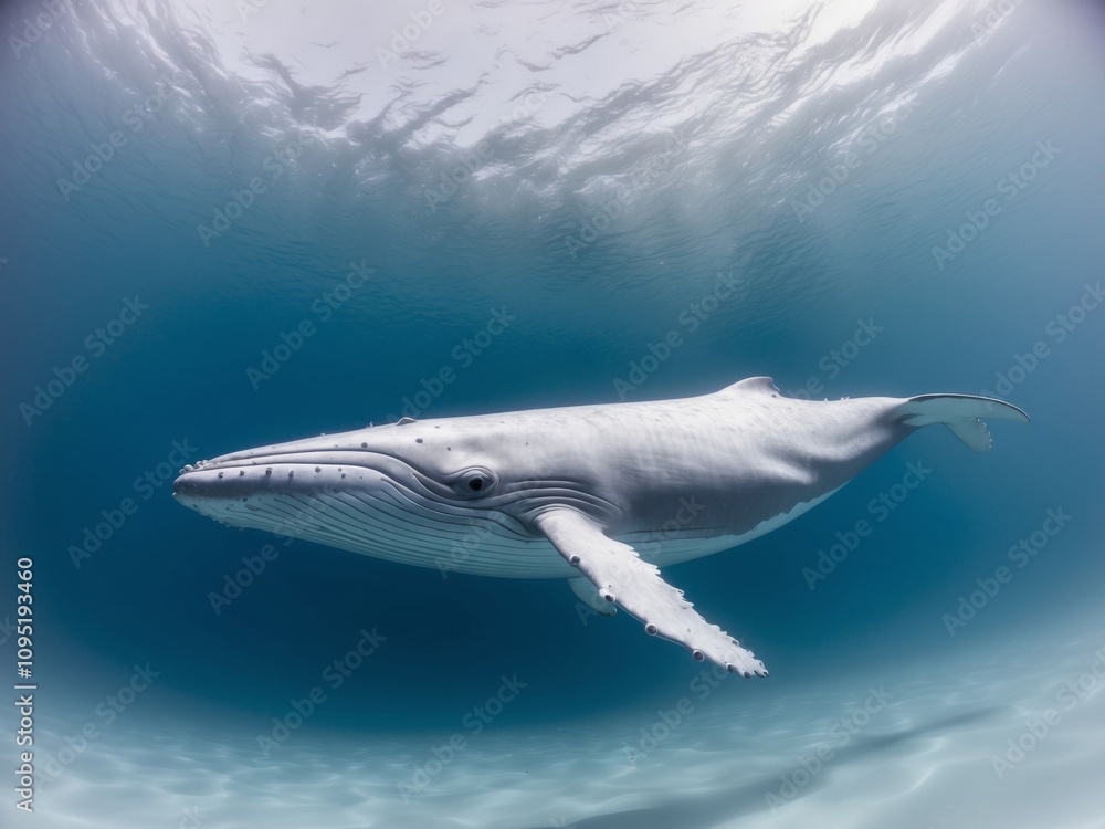 Obraz premium Blue whale is swimming gracefully through the deep blue water.