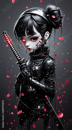 A warrior anime girl in a battle pose, her glowing katana raised high, surrounded by falling petals