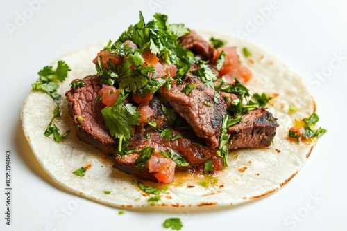 Taco on White Background. Mexican Fast Food Concept with Fresh Beef and Cilantro