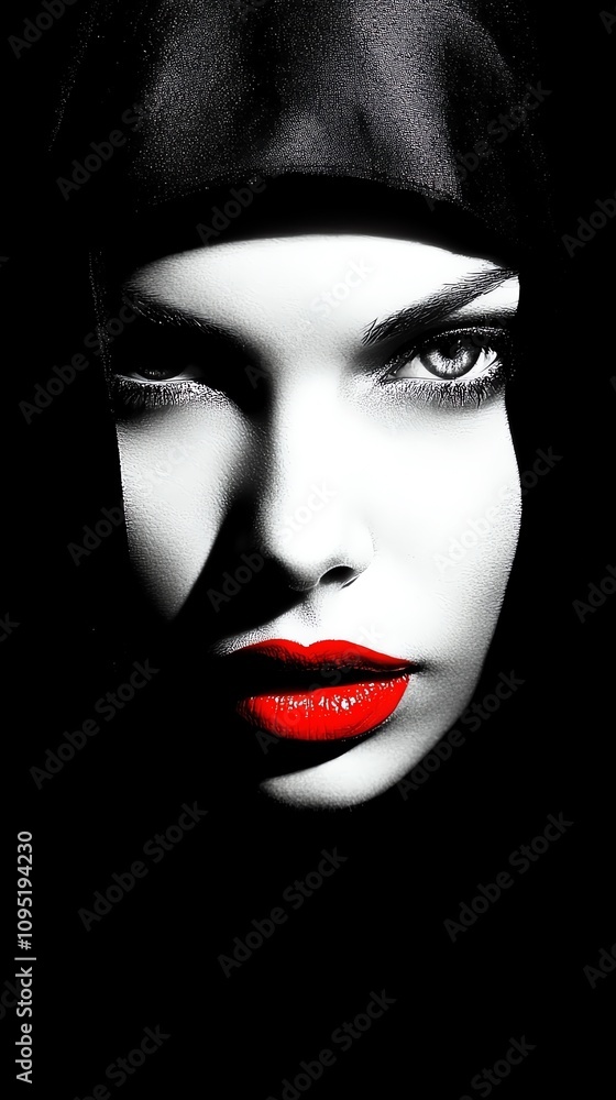 A woman in a gothic style nun costume, with dramatic lighting emphasizing her strong features on a black background A woman in a gothic style nun costume, with dramatic lighting emphasizing her strong features on a black background