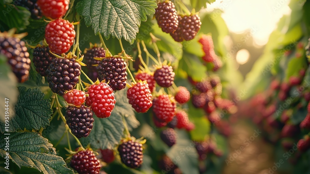 Ripe Blackberries Raspberries on Bush Juicy Berries Summer Harvest Farm Agriculture Ripe Blackberries Raspberries on Bush Juicy Berries Summer Harvest Farm Agriculture