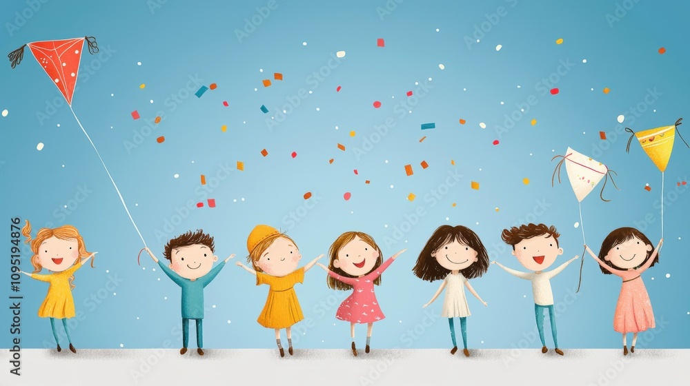 Fototapeta premium Cheerful kids celebrating with balloons and confetti against a blue background. , Kids wallpaper