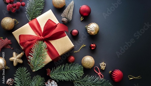 christmas gift and decor on dark background top view