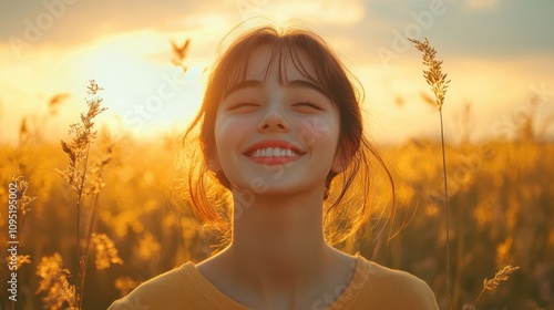 A joyful young woman stands blissfully amidst a field of tall grass, glowing in the warm, golden sunlight of a perfect sunset, with a serene and peaceful expression on her face