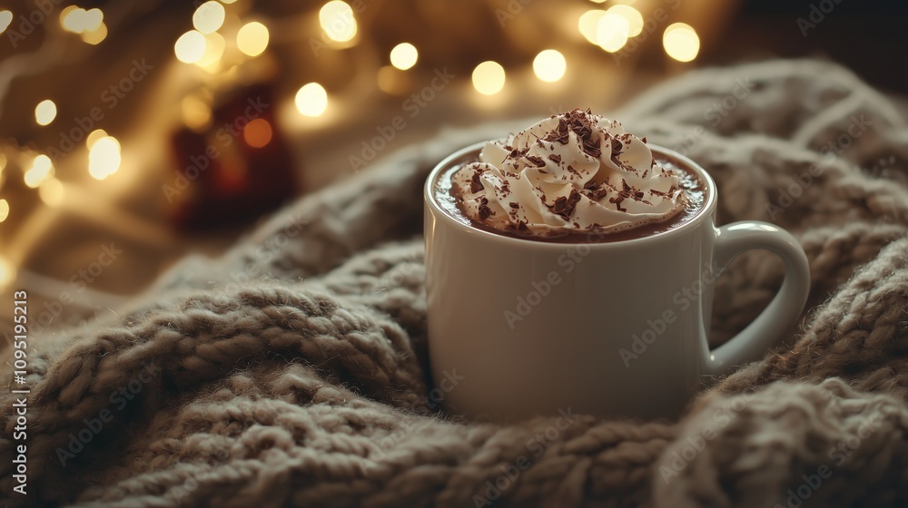 Close-Up of Steaming Mug of Hot Chocolate with Whipped Cream on Wool Blanket and Twinkling Fairy Lights Close-Up of Steaming Mug of Hot Chocolate with Whipped Cream on Wool Blanket and Twinkling Fairy Lights