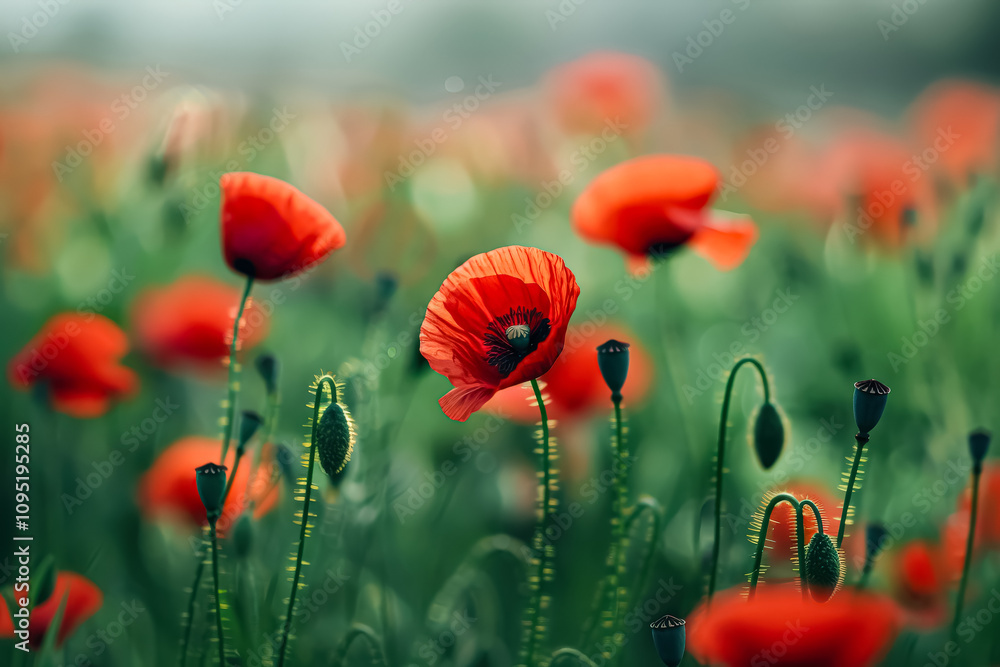 Obraz premium Field of red poppies with green grass in the background. The flowers are in full bloom and are very bright and colorful