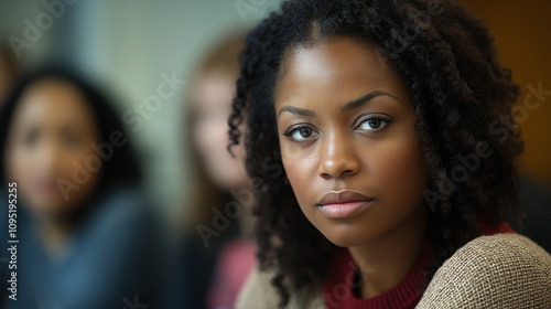 African American woman with serious expression in a support group setting