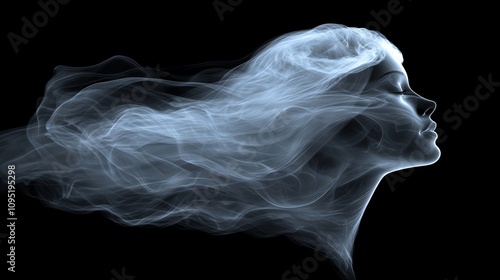Abstract smoke swirl on a black background, ethereal and mysterious, soft flowing shapes