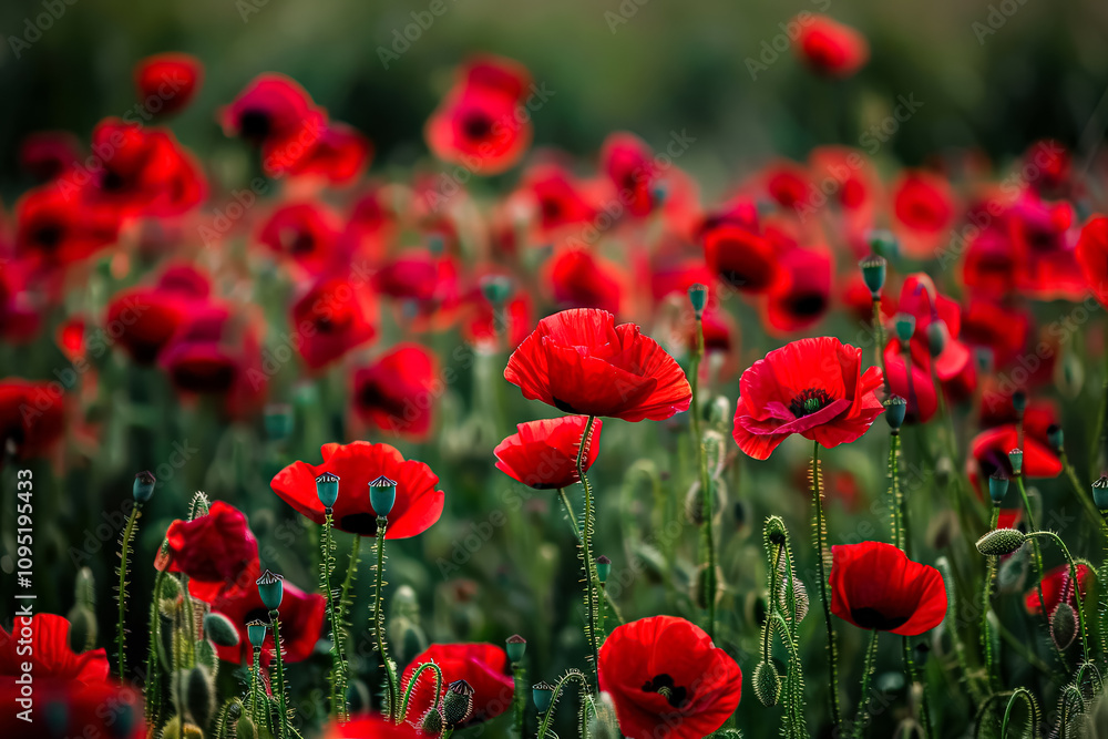 Obraz premium Beautiful field of red poppies with a few yellow flowers in the foreground. Concept of tranquility and calmness, as the vibrant red flowers stand out against the lush green grass