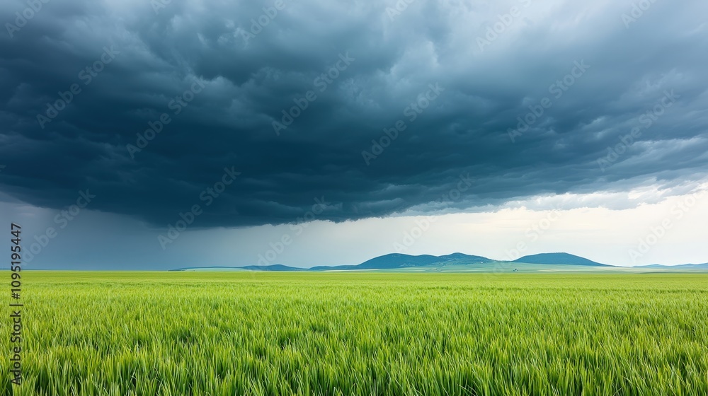 Fototapeta premium Dramatic Storm Clouds over Lush Green Field Nature Landscape