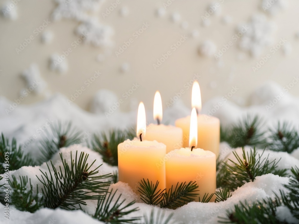 Festive Candles with Pine and Snowy Background. Festive Candles with Pine and Snowy Background.