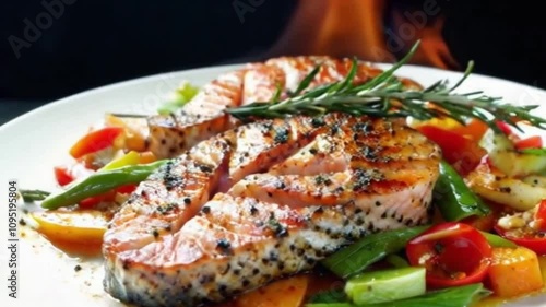 Cinematic Video of Salmon Steaks and Vegetables Grilling with Fresh Rosemary, Close-Ups of Sizzling Spices and Flames