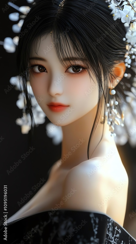 An Asian girl with a traditional parasol, her smile enchanting, against a plain black background An Asian girl with a traditional parasol, her smile enchanting, against a plain black background