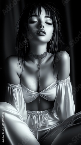 An Asian woman sitting cross-legged, her expression calm and composed, with soft lighting on a dark background