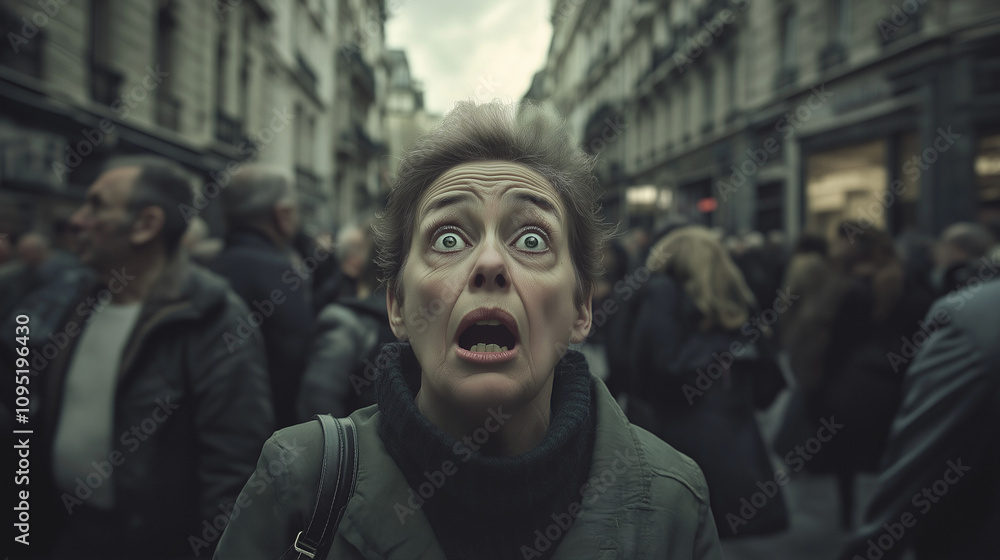 Fototapeta premium Shocked Woman City Street Chaos Crowd Candid Photo